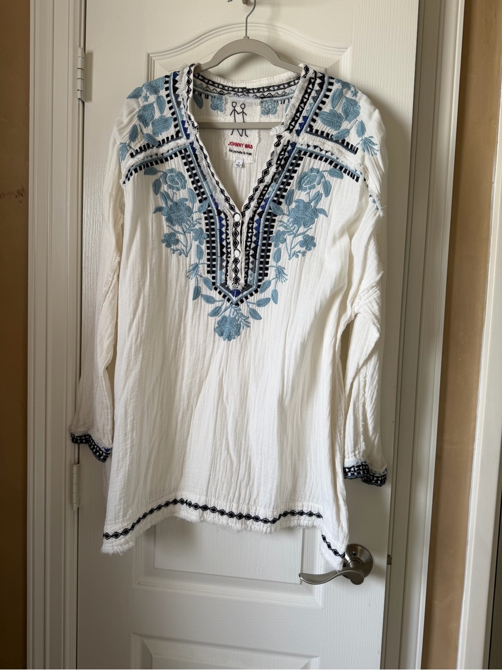 Johnny Was White Tunic with Blue Floral Embroidery